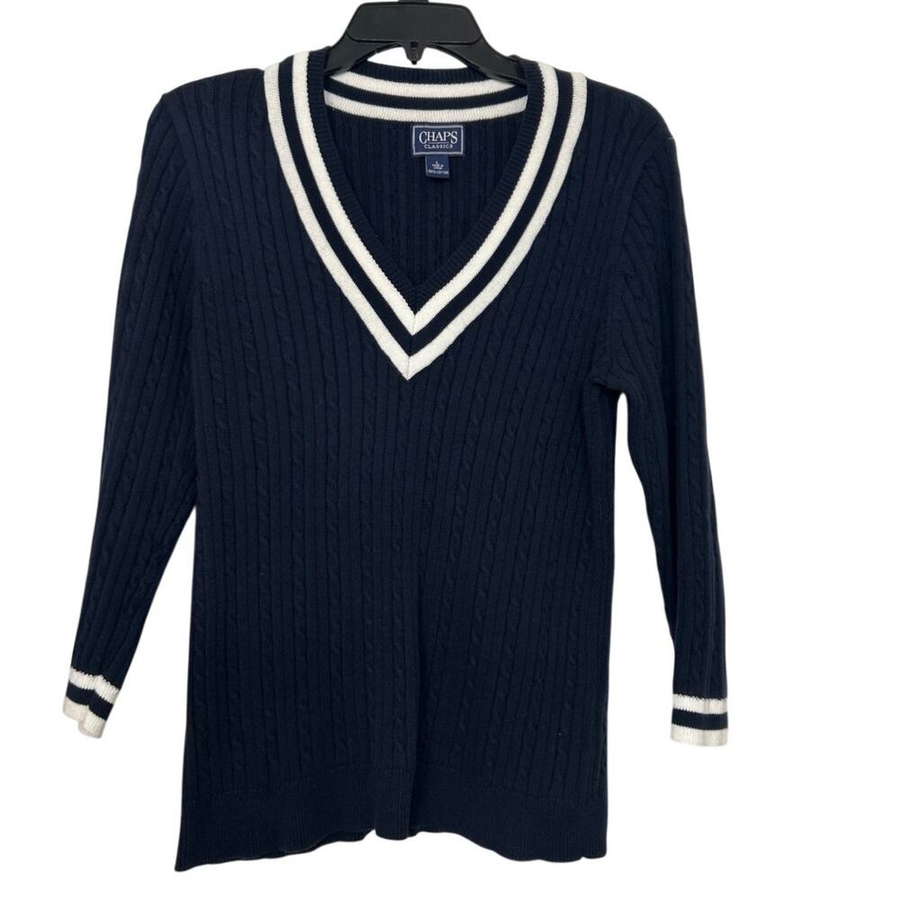 Chaps Cotton Navy Blue V Neck Cable Knit Cricket Sweater Preppy Tenniscore L